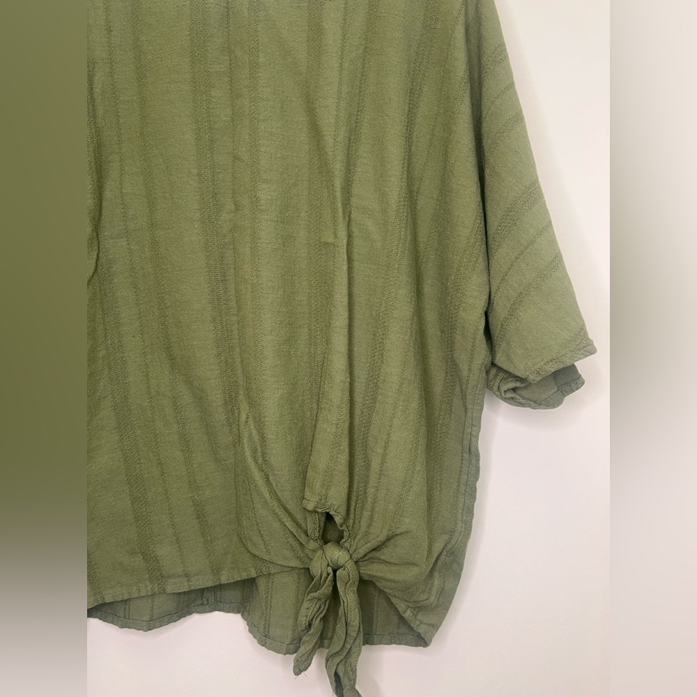 Olive Green Linen Blend Tie Front Top Lightweight Coastal Boho Blouse - Picture 3 of 6